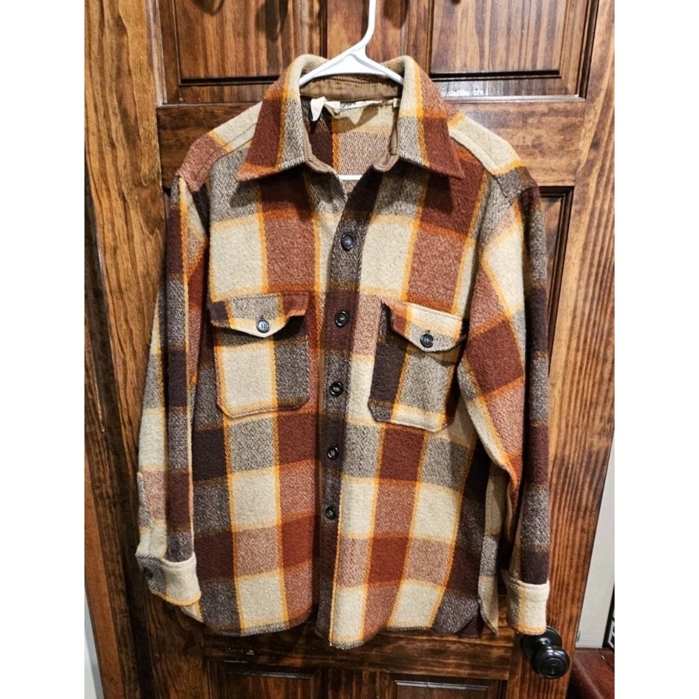 Woolrich Vtg 1970s Made In USA CPO Large Shirt Jacket Plaid Thick Wool Brown